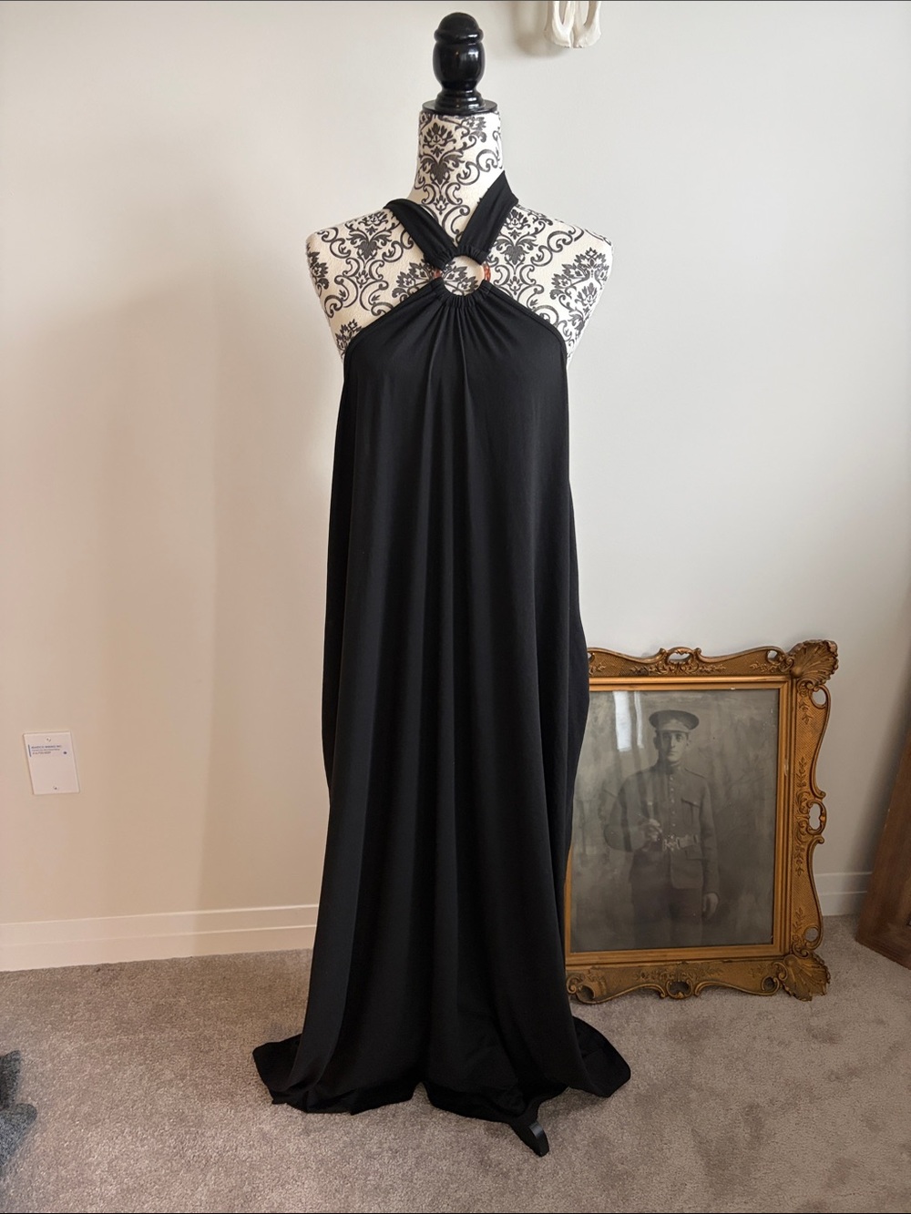 SHEIN Black Halter Maxi Dress with Decorative Ring